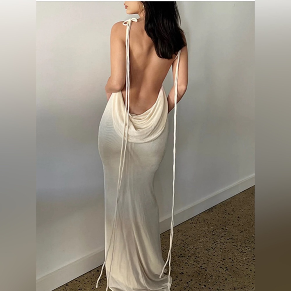White / Cream bunched low back dress (M)
